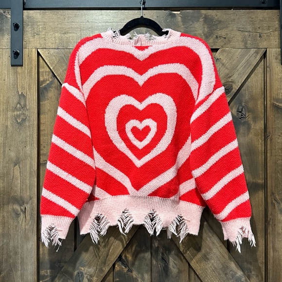 NWOT Miss Sparkling Pink & Red Frayed Heart Sweater Sz L - Picture 2 of 13